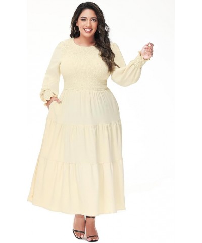 Women's Plus Size Casual Poet Long Sleeve Smocked Dress Crewneck Flowy Tiered Midi Dress Beige $19.00 Dresses