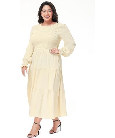 Women's Plus Size Casual Poet Long Sleeve Smocked Dress Crewneck Flowy Tiered Midi Dress Beige $19.00 Dresses