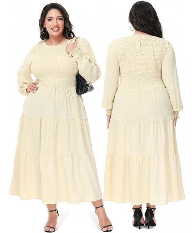 Women's Plus Size Casual Poet Long Sleeve Smocked Dress Crewneck Flowy Tiered Midi Dress Beige $19.00 Dresses