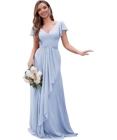 Women's V Neck Bridesmaid Dresses for Women 2024 Short Sleeves Chiffon Long A Line Wedding Evening Gown with Pockets Sky Blue...