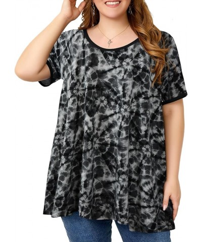 Short Sleeve Plus Size Tunics for Women Loose Casual Swing Tops Flowy T-Shirts A- Tie Dye 01black $16.51 Tops