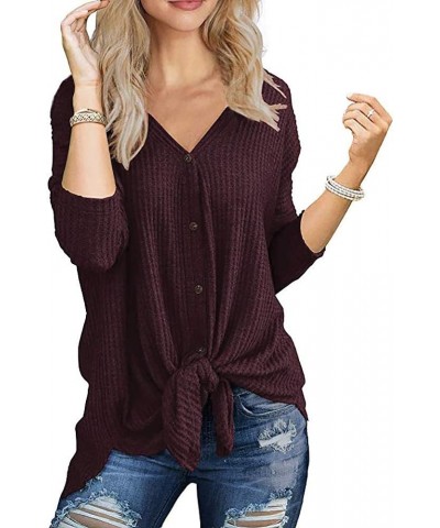 Womens Waffle Knit Tunic Blouse Tie Knot Henley Tops Loose Fitting Bat Wing Plain Shirts 08 Maroon $10.08 Tops