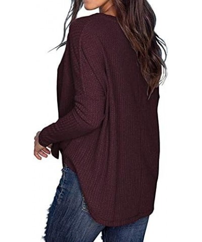 Womens Waffle Knit Tunic Blouse Tie Knot Henley Tops Loose Fitting Bat Wing Plain Shirts 08 Maroon $10.08 Tops