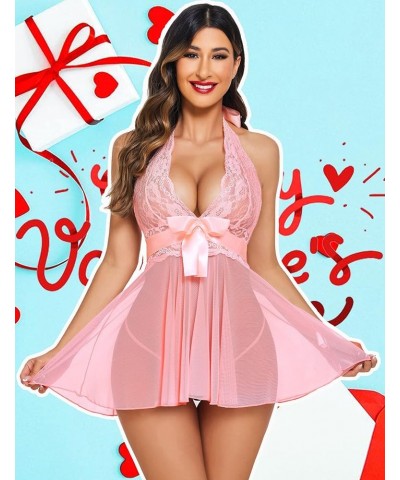 Womens Lingerie Sexy Lace Babydoll Halter V Chemise Sleepwear with Garter Belt XS-3XL Peach $9.68 Lingerie