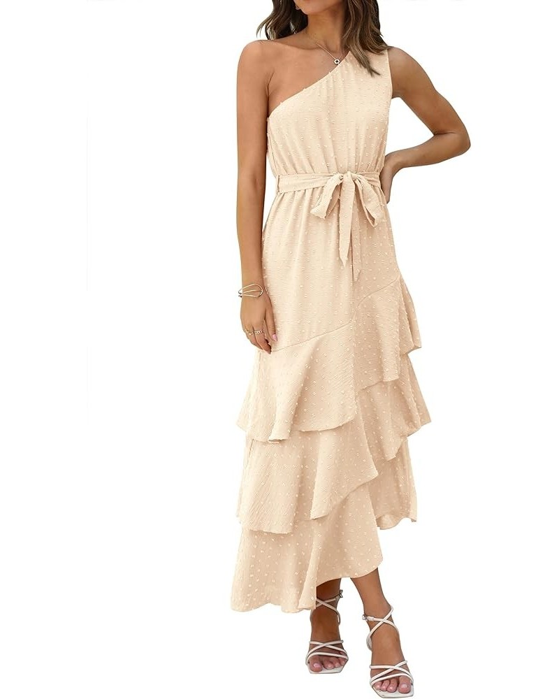 Women's Summer Floral Sundress Casual One Shoulder Tiered Ruffle Flowy Midi Beach Boho Dresses Swiss Dot Beige $23.39 Dresses