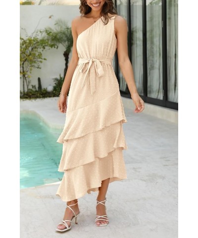 Women's Summer Floral Sundress Casual One Shoulder Tiered Ruffle Flowy Midi Beach Boho Dresses Swiss Dot Beige $23.39 Dresses