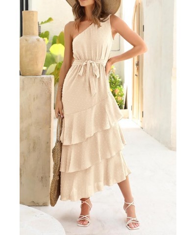 Women's Summer Floral Sundress Casual One Shoulder Tiered Ruffle Flowy Midi Beach Boho Dresses Swiss Dot Beige $23.39 Dresses