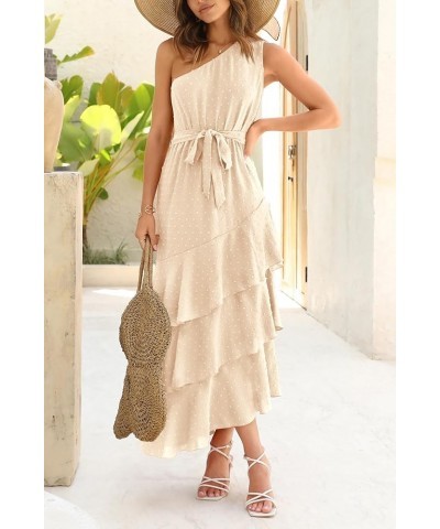 Women's Summer Floral Sundress Casual One Shoulder Tiered Ruffle Flowy Midi Beach Boho Dresses Swiss Dot Beige $23.39 Dresses