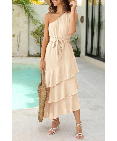 Women's Summer Floral Sundress Casual One Shoulder Tiered Ruffle Flowy Midi Beach Boho Dresses Swiss Dot Beige $23.39 Dresses