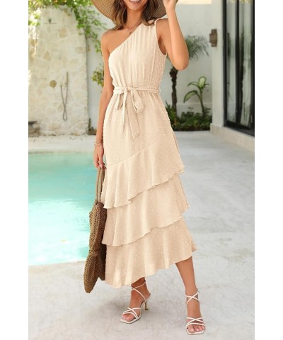 Women's Summer Floral Sundress Casual One Shoulder Tiered Ruffle Flowy Midi Beach Boho Dresses Swiss Dot Beige $23.39 Dresses