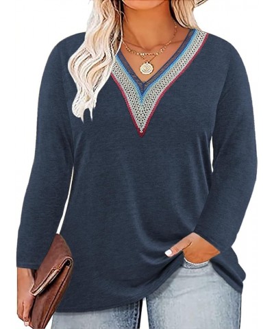 Womens Plus Size Tops Lace V Neck Long Sleeve Shirts 05_navy Blue $12.71 T-Shirts