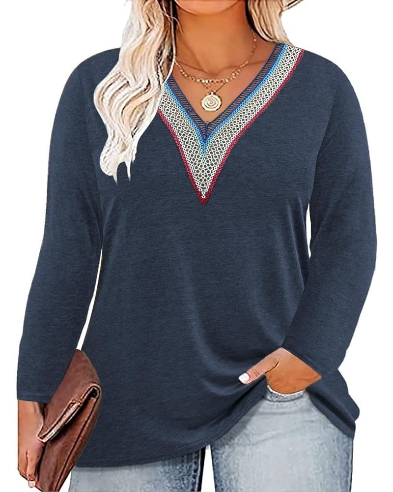 Womens Plus Size Tops Lace V Neck Long Sleeve Shirts 05_navy Blue $12.71 T-Shirts