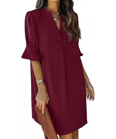 Shift Dress for Women V Neck Short Sleeves Solid Color Flowy Casual Summer Dresses(S-2XL) B-wine Red $20.09 Dresses