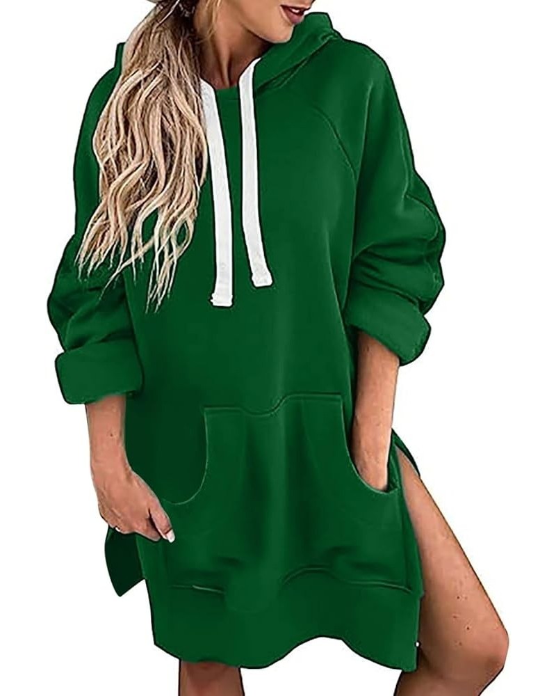 Women Oversized Hoodie Dress Long Sleeve Split Hem Drawstring Solid Pullover Casual Sweatshirt with Kangaroo Pocket A6-green ...