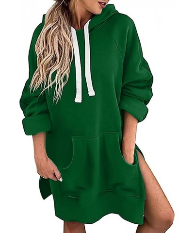 Women Oversized Hoodie Dress Long Sleeve Split Hem Drawstring Solid Pullover Casual Sweatshirt with Kangaroo Pocket A6-green ...