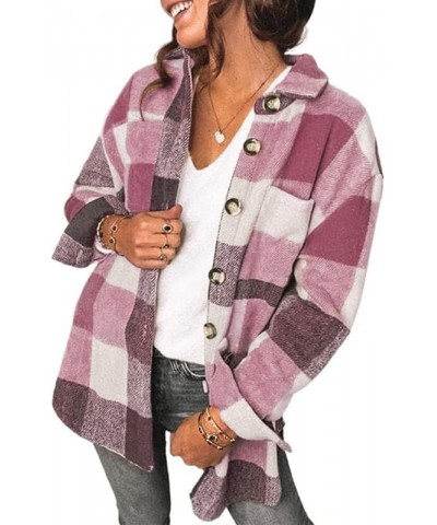 Women's Casual Flannel Plaid Shacket Button Down Long Sleeve Shirt Jacket Coats with Pockets 7077 Pink $20.99 Blouses