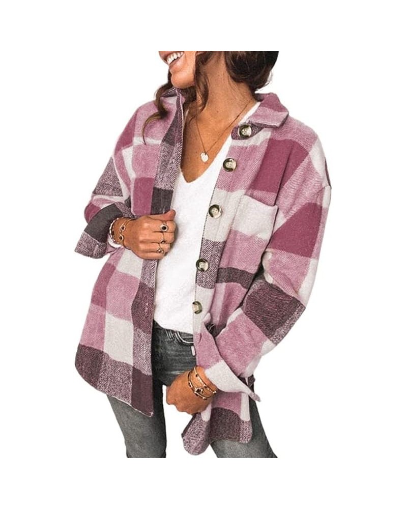 Women's Casual Flannel Plaid Shacket Button Down Long Sleeve Shirt Jacket Coats with Pockets 7077 Pink $20.99 Blouses