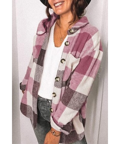 Women's Casual Flannel Plaid Shacket Button Down Long Sleeve Shirt Jacket Coats with Pockets 7077 Pink $20.99 Blouses