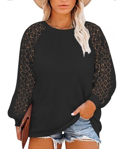 Womens-Plus-Size-Tops Lace Long Sleeve Waffle Knit Dressy Shirts Casual Raglan Trendy Blouses 01_black $18.20 Tops