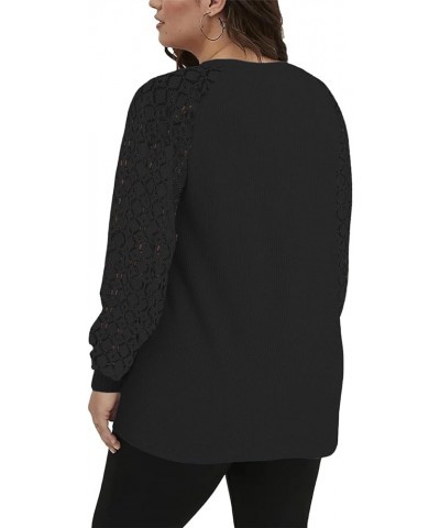 Womens-Plus-Size-Tops Lace Long Sleeve Waffle Knit Dressy Shirts Casual Raglan Trendy Blouses 01_black $18.20 Tops