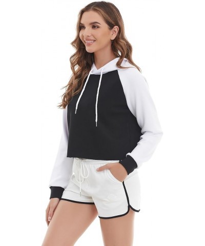 Women Raglan Cropped Hoodies Pullover Sweatshirts Winter Clothes Outfits Crop Top Sweatshirt Black+white $14.49 Hoodies & Swe...