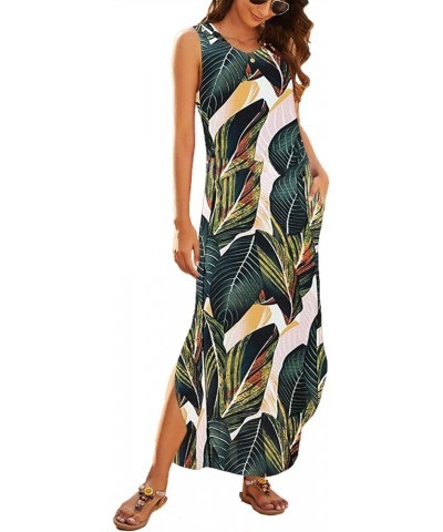 Women's Casual Summer Sleeveless Dress Loose Split Maxi Dresses with Pockets Leaf Print $16.72 Dresses