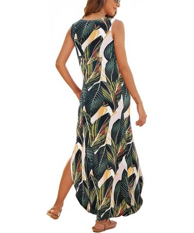 Women's Casual Summer Sleeveless Dress Loose Split Maxi Dresses with Pockets Leaf Print $16.72 Dresses