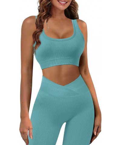 Workout Outfits for Women 2 Piece Ribbed Seamless Yoga Leggings Exercise Sets D Blue $12.74 Activewear