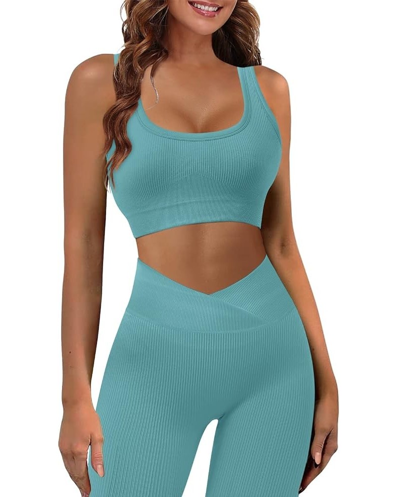 Workout Outfits for Women 2 Piece Ribbed Seamless Yoga Leggings Exercise Sets D Blue $12.74 Activewear