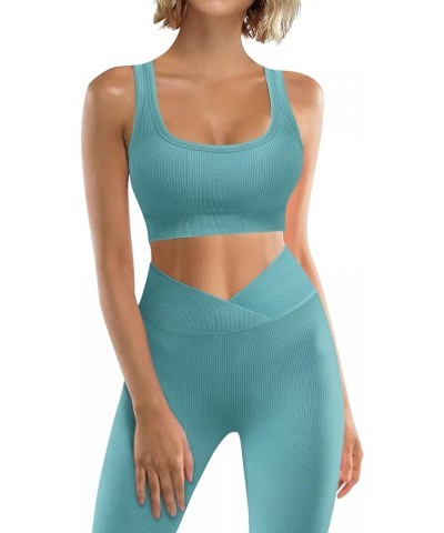 Workout Outfits for Women 2 Piece Ribbed Seamless Yoga Leggings Exercise Sets D Blue $12.74 Activewear