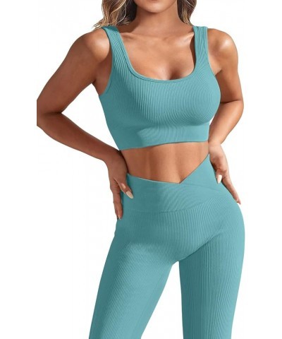 Workout Outfits for Women 2 Piece Ribbed Seamless Yoga Leggings Exercise Sets D Blue $12.74 Activewear