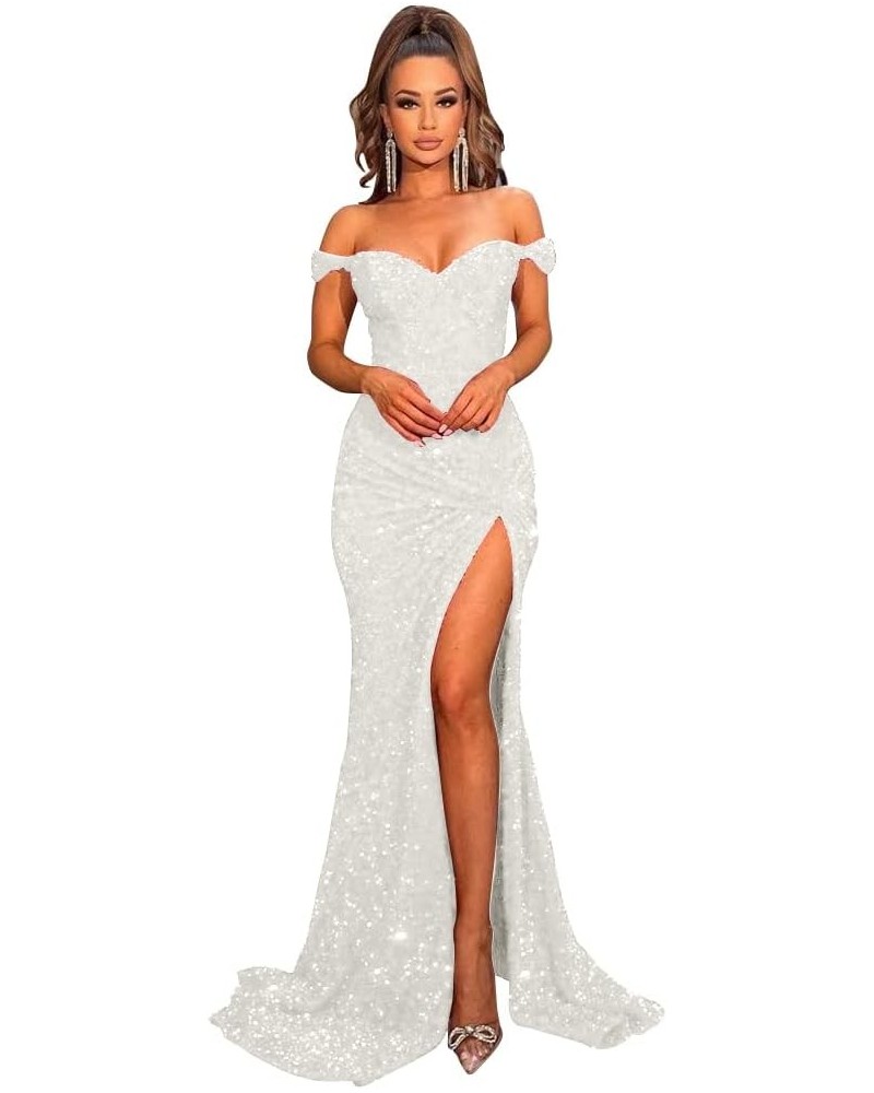 Women's Off Shoulder Mermaid Prom Dresses 2024 Long Sequin Formal Evening Gowns with Slit Ivory $45.36 Dresses