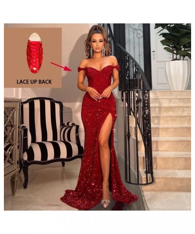 Women's Off Shoulder Mermaid Prom Dresses 2024 Long Sequin Formal Evening Gowns with Slit Ivory $45.36 Dresses