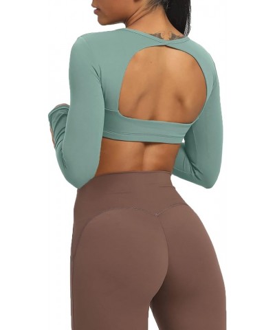 Long Sleeve Crop Tops for Women Clarissa Backless Workout Crop T Shirt Top Sage Green $17.67 Activewear