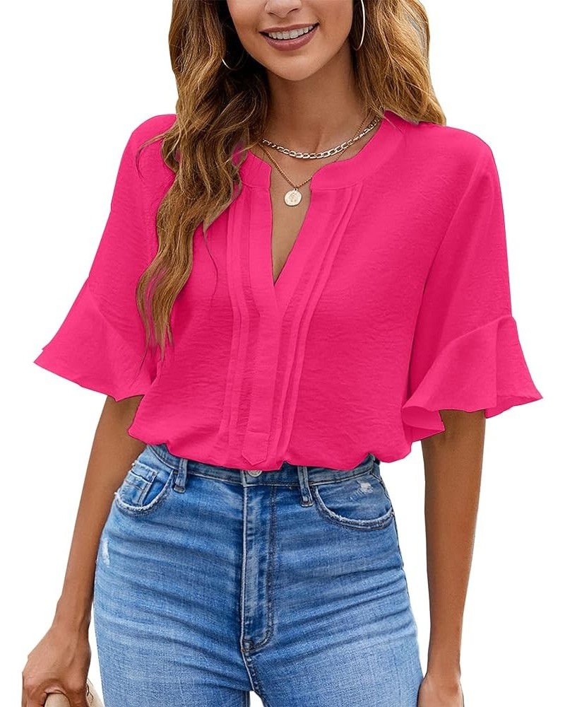 Womens White Blouses Chiffon Ruffle Short Sleeve V Neck Business Casual Tops Summer Cute Shirt Bright Pink $9.24 Blouses