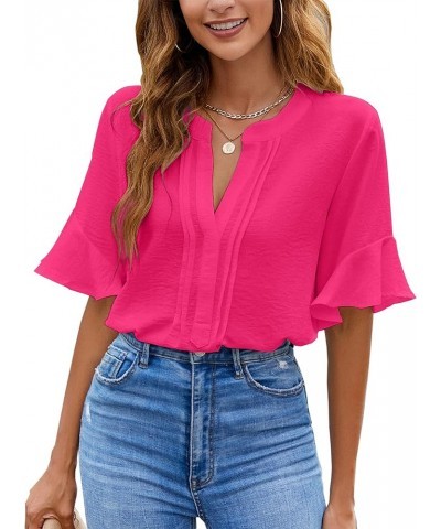 Womens White Blouses Chiffon Ruffle Short Sleeve V Neck Business Casual Tops Summer Cute Shirt Bright Pink $9.24 Blouses