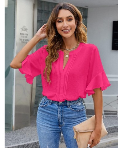 Womens White Blouses Chiffon Ruffle Short Sleeve V Neck Business Casual Tops Summer Cute Shirt Bright Pink $9.24 Blouses