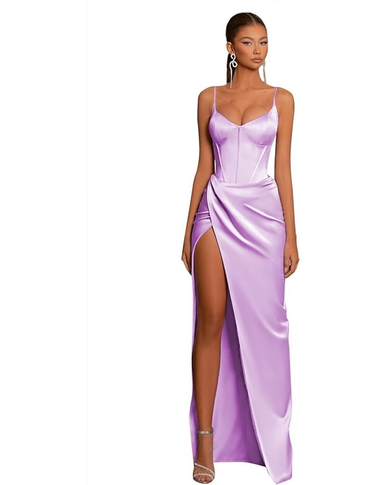 Spaghetti Straps Prom Dresses for Women with Slit V Neck Mermaid Evening Gowns YG260 Lilac $26.65 Dresses