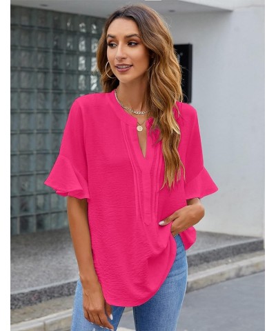 Womens White Blouses Chiffon Ruffle Short Sleeve V Neck Business Casual Tops Summer Cute Shirt Bright Pink $9.24 Blouses