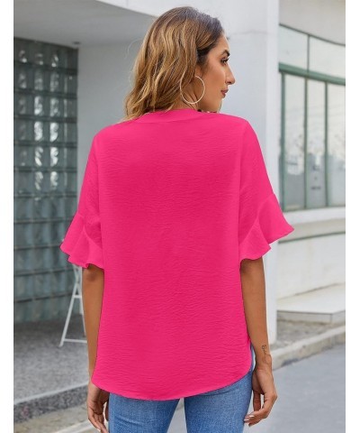 Womens White Blouses Chiffon Ruffle Short Sleeve V Neck Business Casual Tops Summer Cute Shirt Bright Pink $9.24 Blouses