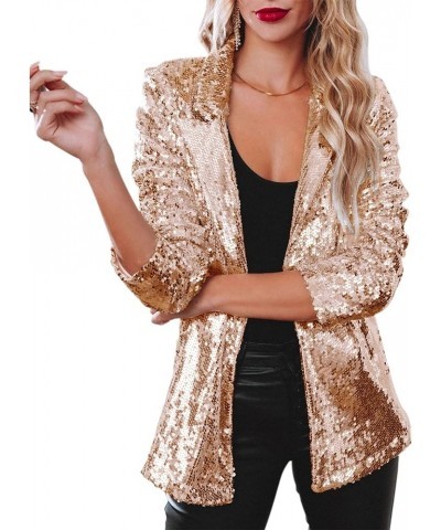 Women Evening Bling Sequin Jacket Open Front Work Blazer Long Sleeve Laple Cardigan Coat Champagne $24.37 Blazers