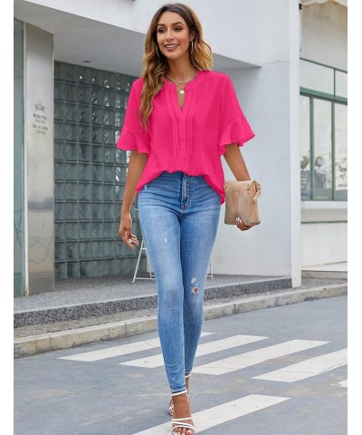 Womens White Blouses Chiffon Ruffle Short Sleeve V Neck Business Casual Tops Summer Cute Shirt Bright Pink $9.24 Blouses