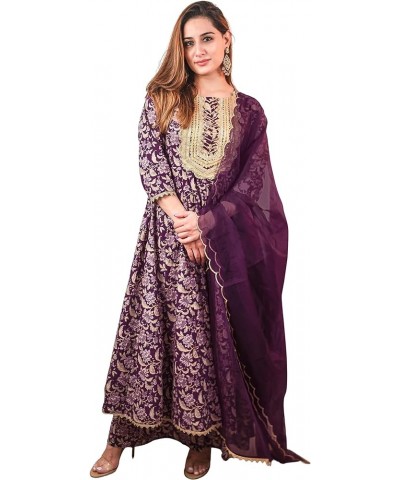 Indian Women's Voilet Cotton Floral Printed Kurta with Palazzo and Dupatta Voilet $26.88 Tops