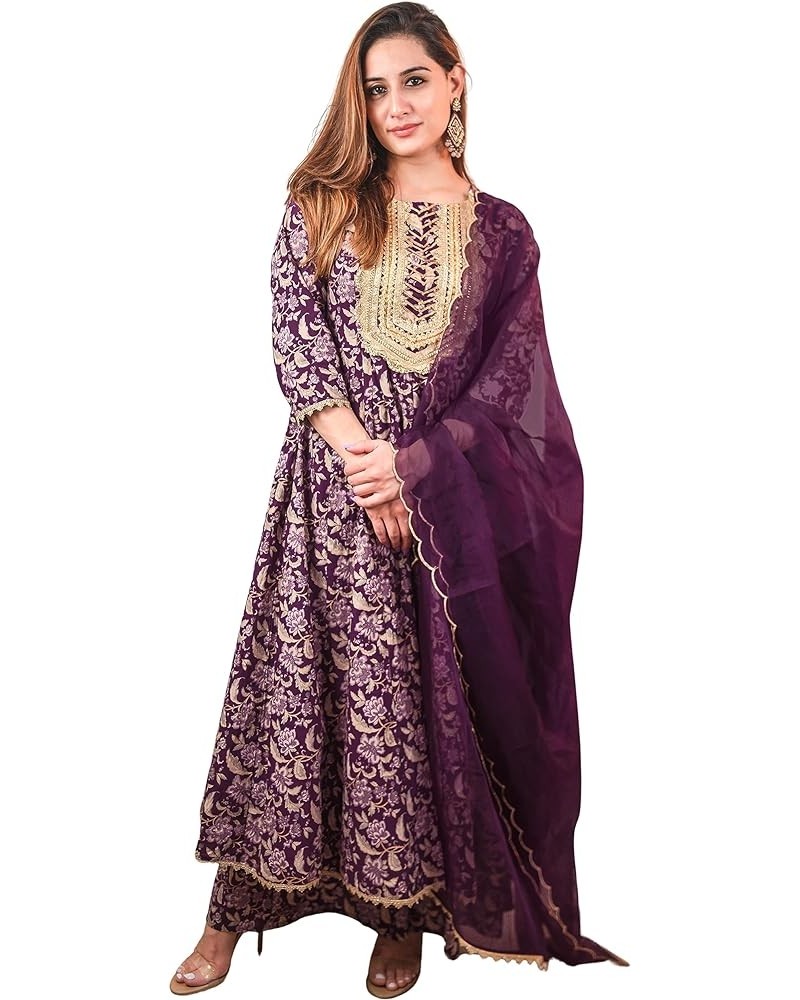 Indian Women's Voilet Cotton Floral Printed Kurta with Palazzo and Dupatta Voilet $26.88 Tops