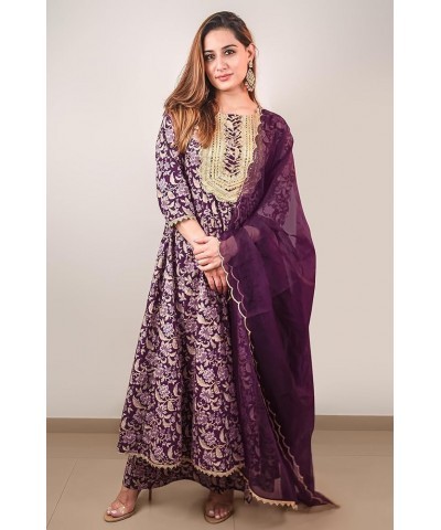 Indian Women's Voilet Cotton Floral Printed Kurta with Palazzo and Dupatta Voilet $26.88 Tops