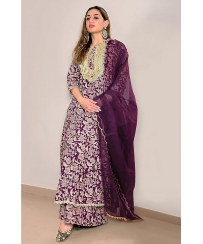 Indian Women's Voilet Cotton Floral Printed Kurta with Palazzo and Dupatta Voilet $26.88 Tops