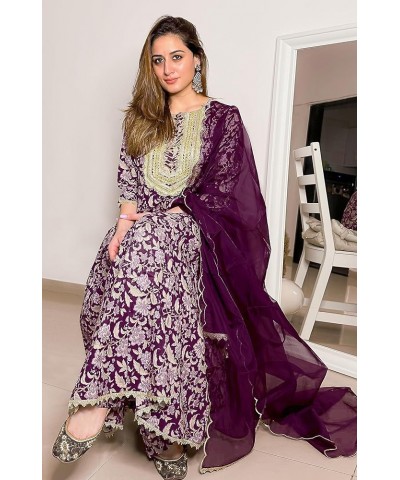 Indian Women's Voilet Cotton Floral Printed Kurta with Palazzo and Dupatta Voilet $26.88 Tops