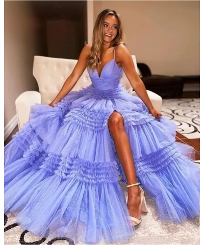 Glitter Tulle Prom Dresses with Slit Sparkle V-Neck Ball Gowns Elegant A-Line Spaghetti Straps Formal Evening Gowns Champagne...