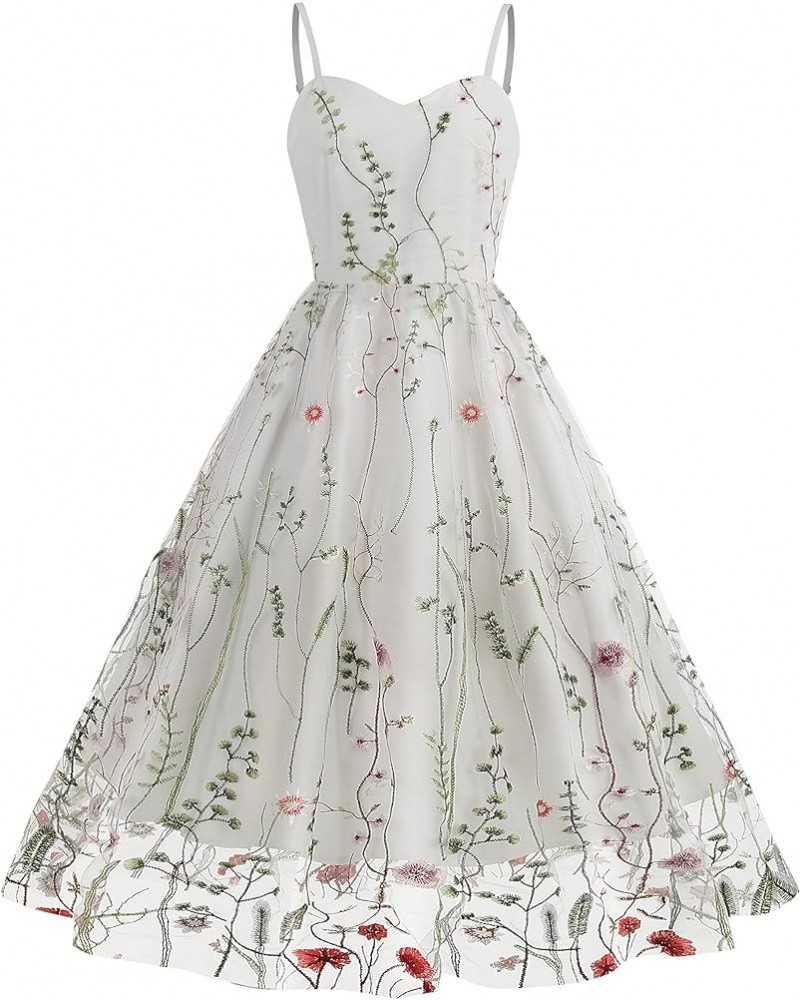 Women's Vintage Embroidery Floral Tulle Dress Sleeveless Formal Cocktail Swing Prom Party Evening Dress White4 $18.86 Dresses