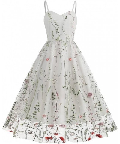 Women's Vintage Embroidery Floral Tulle Dress Sleeveless Formal Cocktail Swing Prom Party Evening Dress White4 $18.86 Dresses